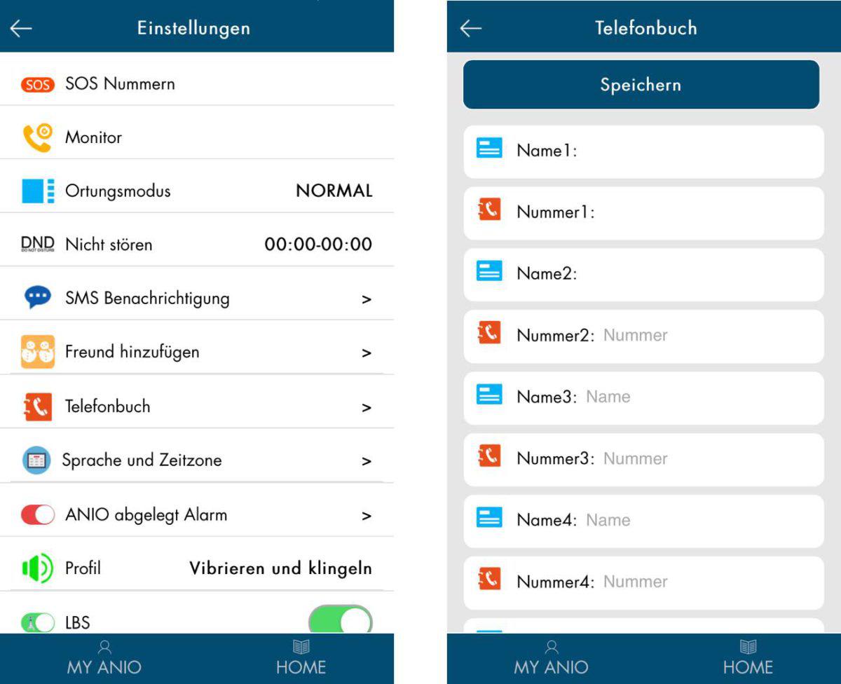 Anio Two App Einstellungen und Telefonbuch