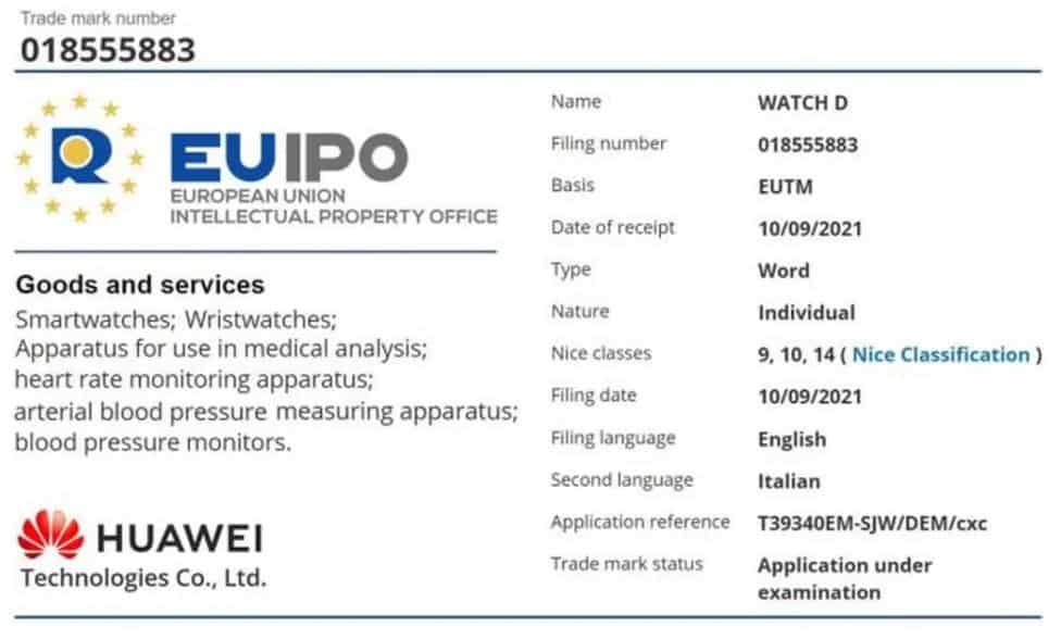 huawei watch d patent euipo smartwatch